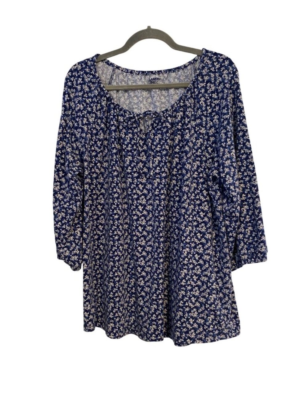 Lands End Women's Size 1X Blue & White Floral Tunic Top 3/4 Sleeve Peasant Flowy